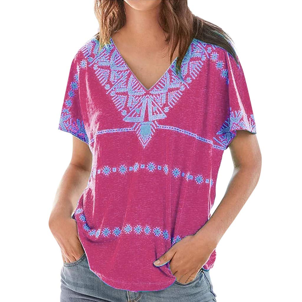 〓COOlCCI〓Women Summer Casual V-Neck Print Short Sleeve Boho Top Blouse T Shirt Tee Loose Top Casual Flowy Tunic Shirt