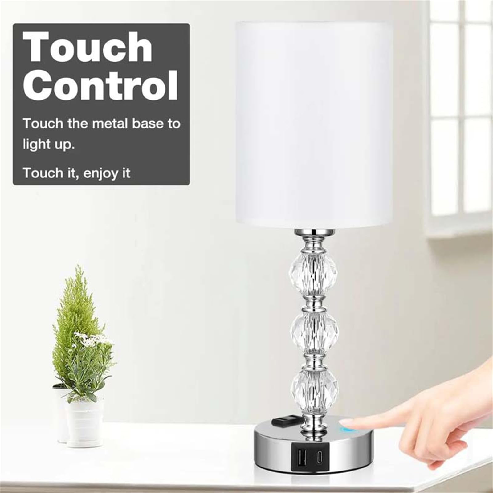 Lampada da Tavolo con Porte Ricarica USB C+A & Presa CA Lampada da Scrittoio Cristall Touch Dimmerabile Lampada da Comodino con Lampadina Paralume Illuminazione da Tavolo per Ufficio (A,1 Pezzi)