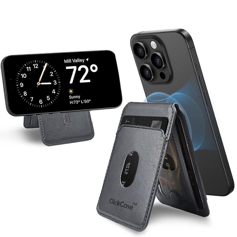 Image of ClickCase Magnetic Wallet, Compatible with MagSafe Wallet with Kickstand, for iPhone16 /15 /14 /13 /12 Series, Not for iPhone 13 /12 Mini, 4 Card Holder, Vegan Leather,Matt Black