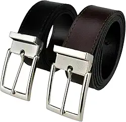 Kit 2 Cintos Social Masculino Couro Ecológico Dupla Face, Fivela prateada - TONSHOP