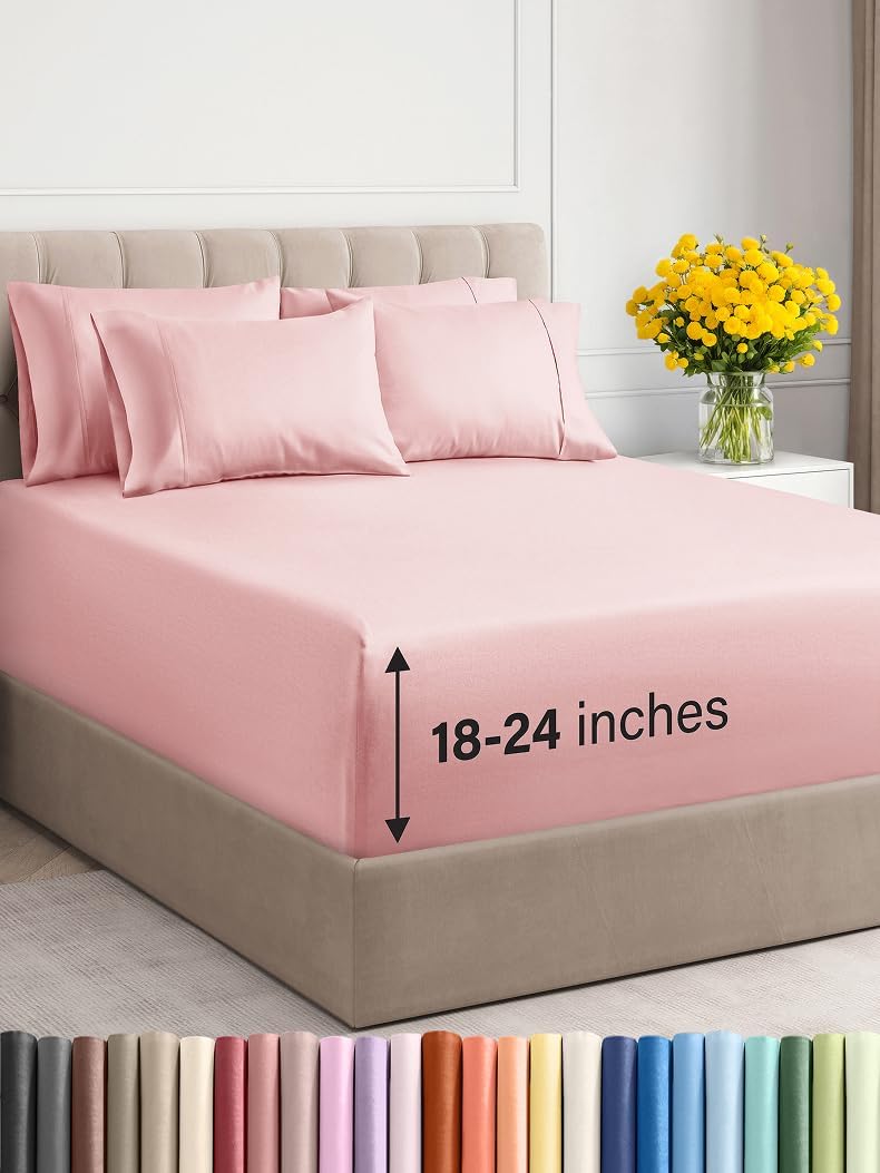 Extra Deep Cal King Sheet Set - 6 Piece Breathable and Cooling Sheets - Hotel Luxury Bed Sheets Set - Easy Fit - Soft, Wrinkle Free and Comfy Sheets Set - Baby Pink Sheet Set with Extra Deep Pockets
