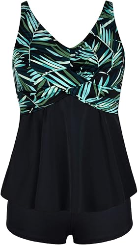 Septangle Women's Two Piece Swimsuit V Neck Tankini Bathing Suit for Big Bust Plus Size Swimwear with Boy Short