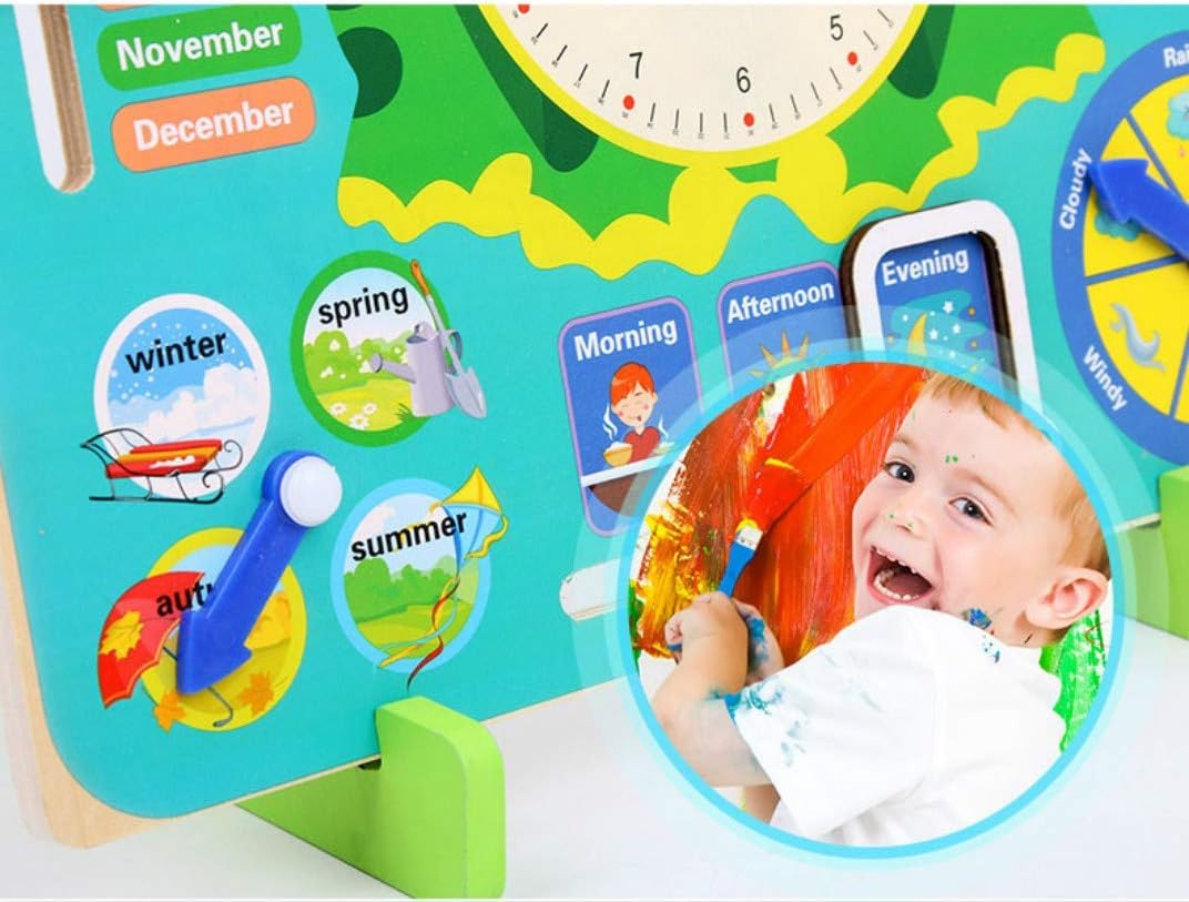 SHINETOY ENTERTAIN KIDS Multifunctional 7 in 1 Wooden Montessori Analog Clock, Calendar, Weather, Season, Time, Week, Number Teaching for Kids Preschool Educational Learning Clock Toy - Multi Color - Image 9 thumbnail