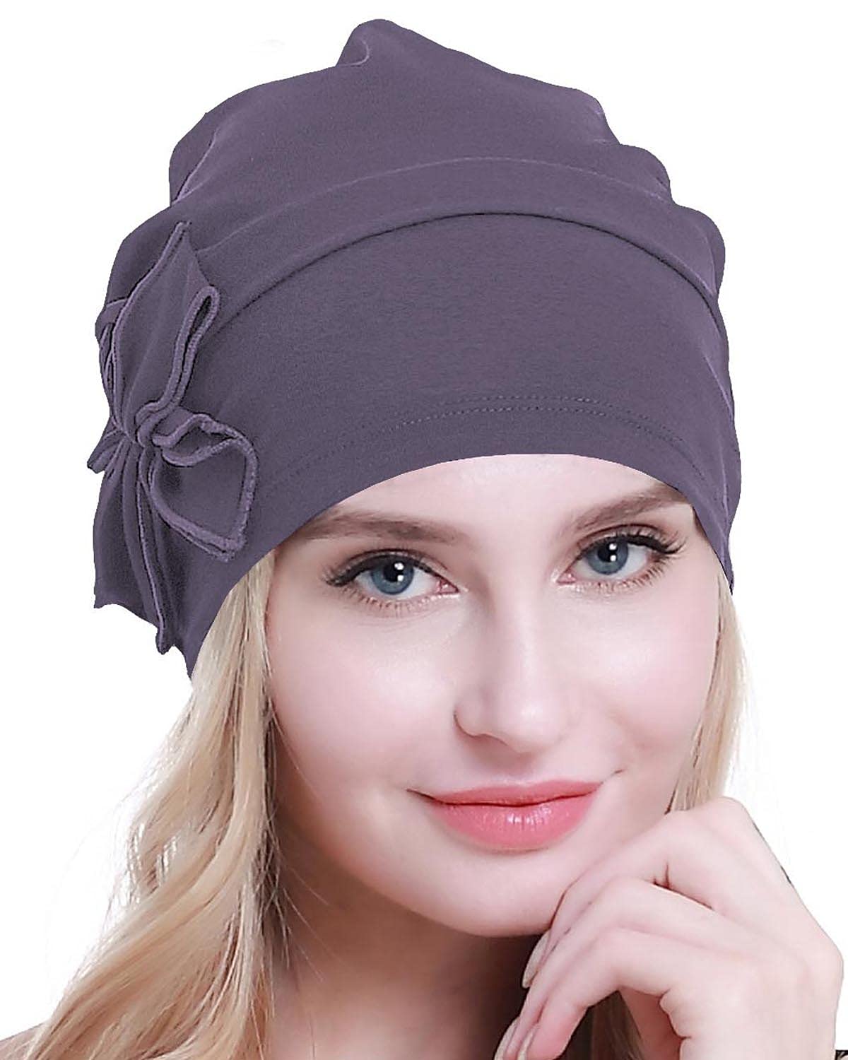 Osvyo Women's Cotton Purple Gray Cotton Chemo Turbans Headwear Beanie Hat Cap For Cancer Patient Hairloss Purple Gray