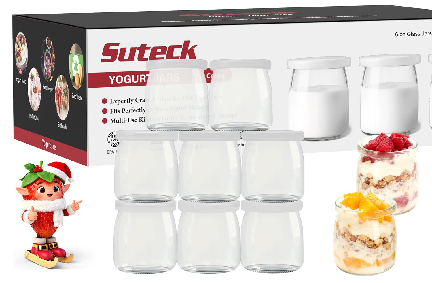 Suteck Small Yogurt Jars with Lids 6oz, 8 Pcs Reusable Glass Jars for Yogurt, Oatmeal, 100% BPA-Free, Dishwasher Safe, Ideal for Home Kitchen and Meal Prep