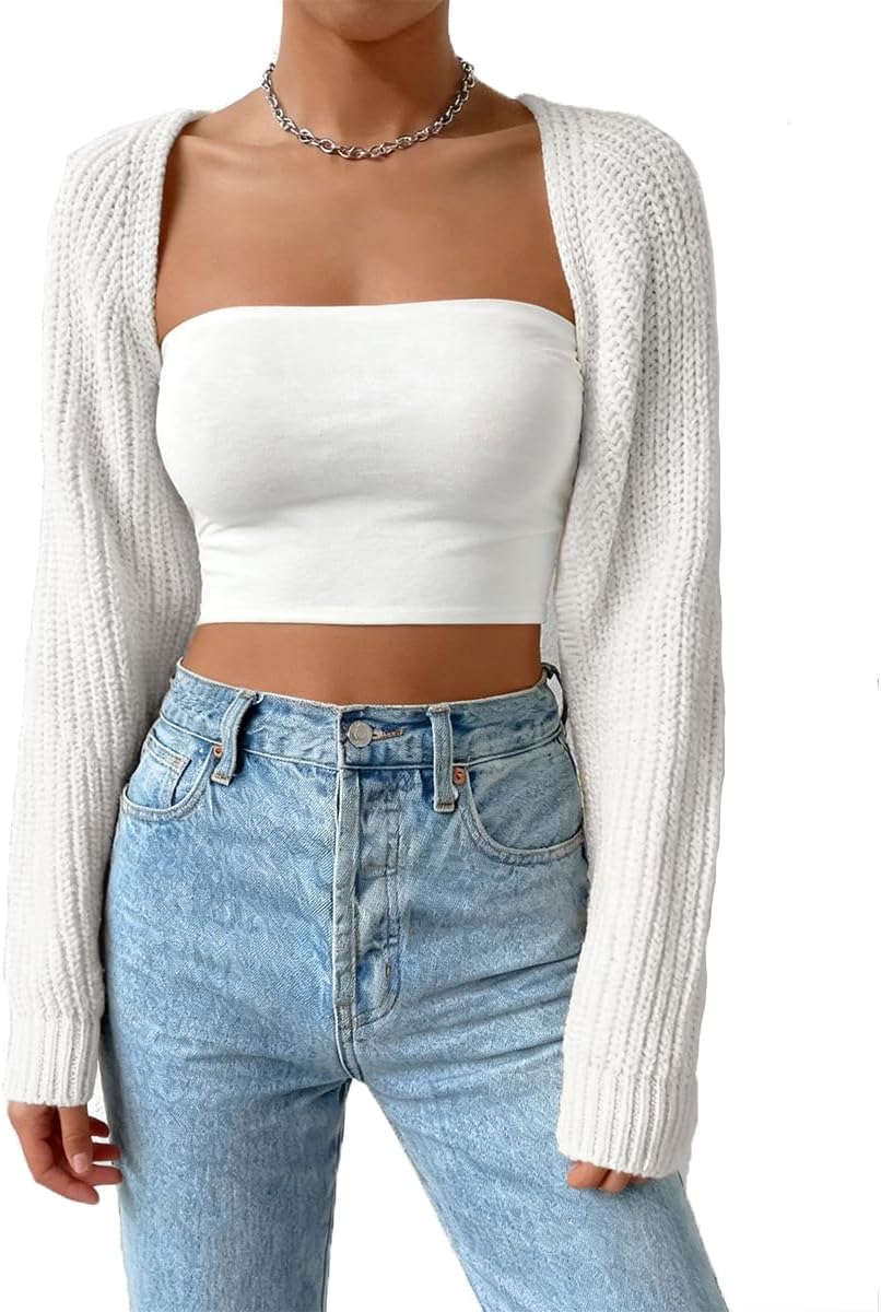 Women Casual Ribbed Knit Shrug Cropped Cardigan Long Sleeve Drop Shoulder Open Front Crop Bolero Sweater Top