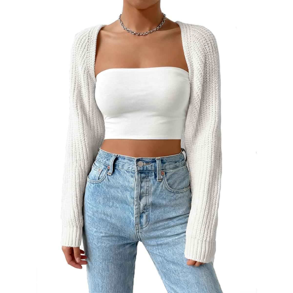 CJXJTIN Women Casual Ribbed Knit Shrug Cropped Cardigan Long Sleeve Drop Shoulder Open Front Crop Bolero Sweater Top