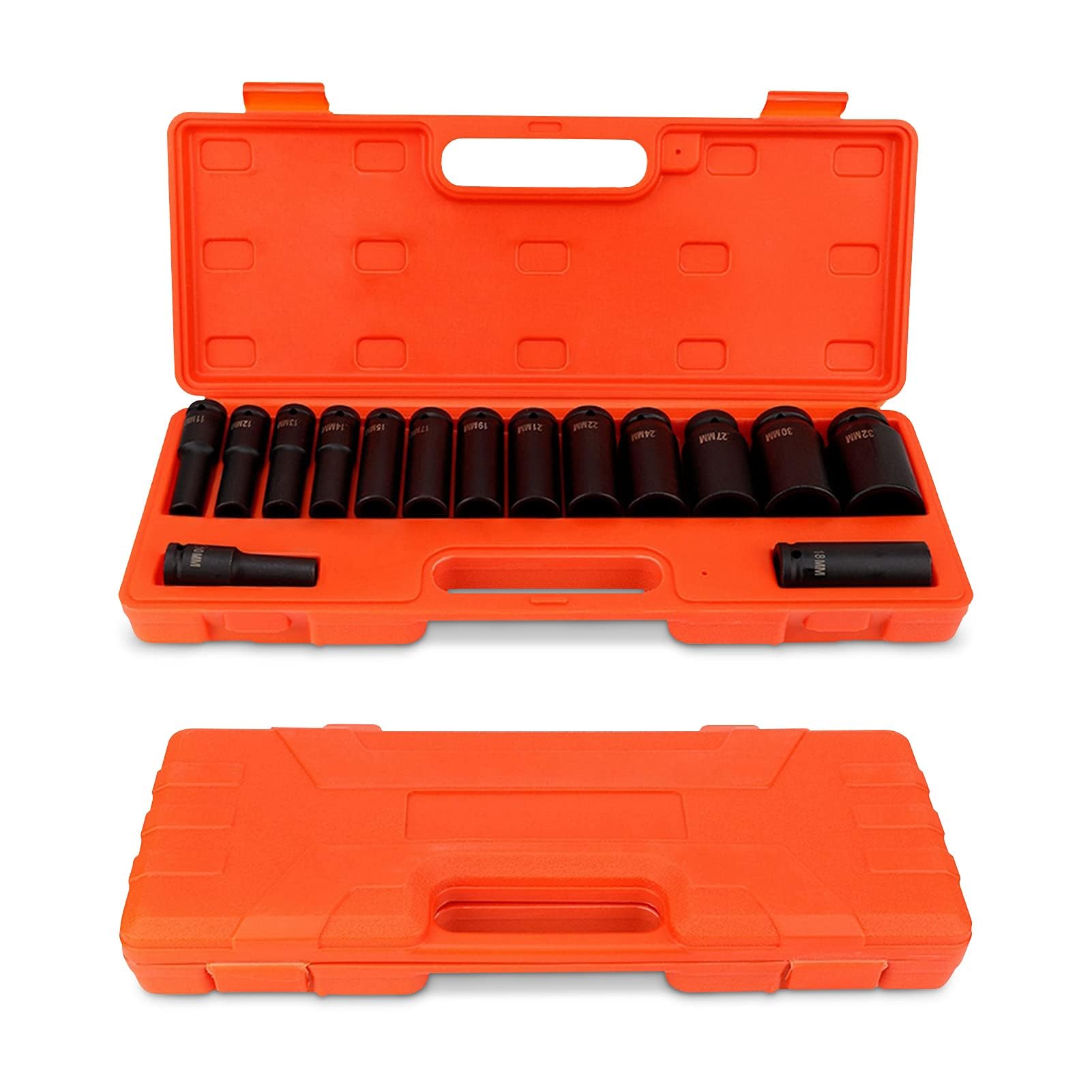 TOPTUL Set di Chiavi a Impulsi, 15 Pezzi, 1/2 Pollici, Bussole a Impatto Profondo in Acciaio al Carbonio 10-32 mm, con Coperchio in Plastica, per Officina