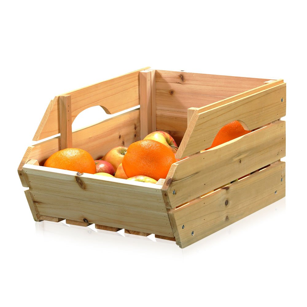 Melko Holzkiste Obstkiste 3 Stück 38x27x20 cm stapelbar Weinkiste Natur | Fichtenholz in Panel-Optik, schräge Öffnung zur leichten Entnahme, halbrunde Grifföffnungen, auch als Gemüsekiste und Deko