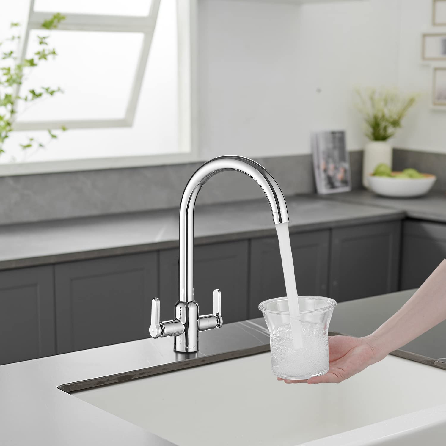 Robinet De Cuisine à Double Poignées Et 1 Trou, Finish Chromée