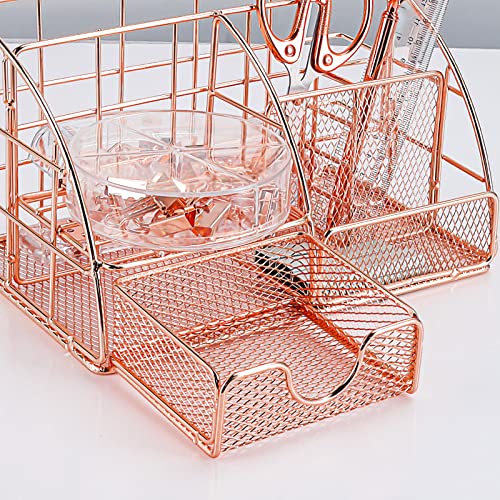 Famassi Rose Gold Desk Organizers And Accessories Office Supplies Set Metal Mesh Organizer With Stapler, Scissors, Pen, Ruler, 30 Paper Clips, 22 Binder Clip, 20 Tacks And 1000Pcs Staples #TOP5