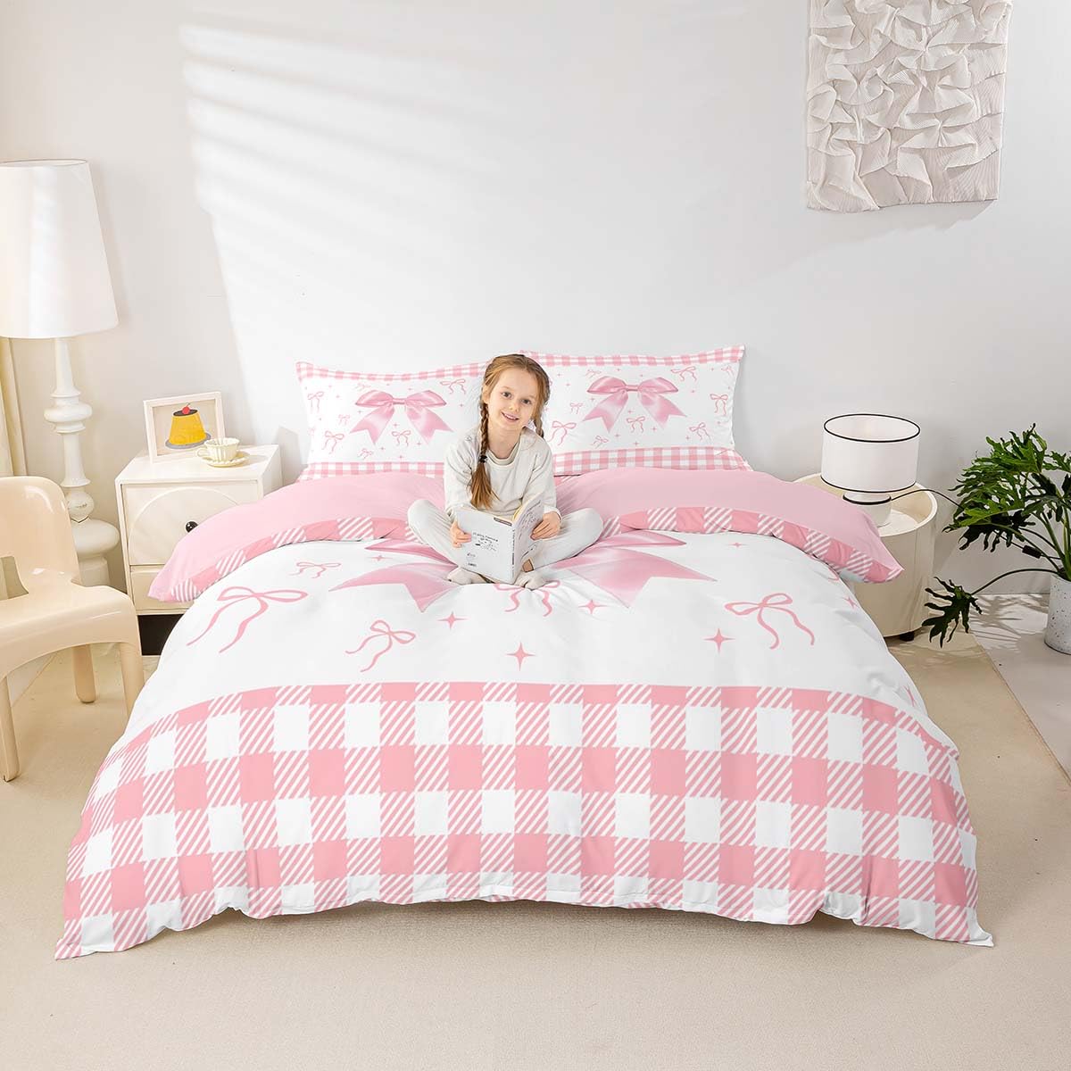 Homemissing White Pink Bowknot Duvet Cover Set King Size For Kids Girls Teens Bedroom Bow Ribbon Bedding Set Cute Plaid Bow Comforter Cover with 2 Pillowcases - Image 2