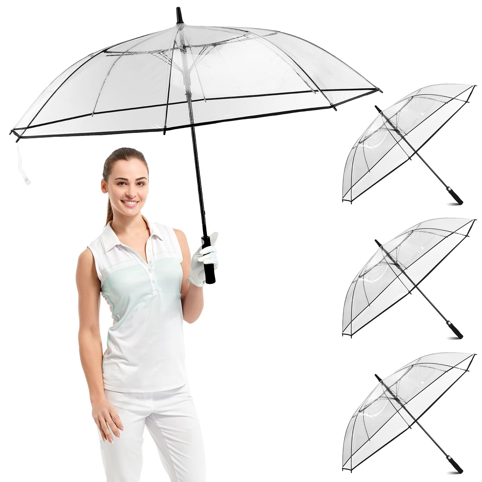 3 Pcs 61 Inch Large Clear Golf Umbrella Oversized Automatic Open Stick Umbrella Transparent Windproof Waterproof Rain Umbrella for Adult Men Women Weddings Outdoor Golf Play