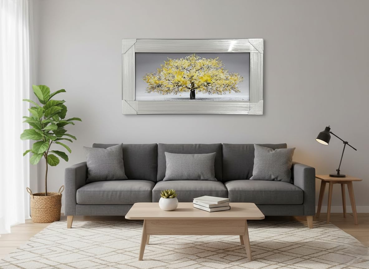 Biznest Yellow Blossom Tree Picture 3D Glitter Liquid Art Mirrored Frame Wall Art 85X45cm (Yellow)