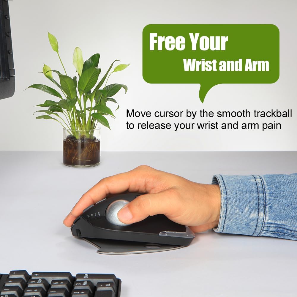 Hand using Zelotes trackball mouse with text 'Free Your Wrist and Arm'