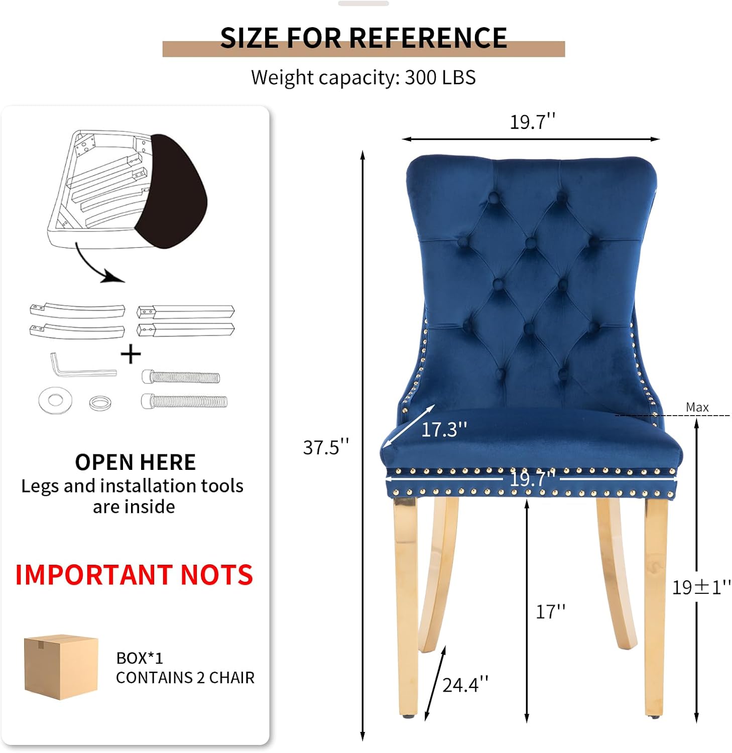 Mid Century Modern Dining Chairs Set of 2, Blue Velvet Upholstered Tufted Back, Kitchen & Dining Room Chairs, Gold Metal Legs, Nailhead Trim, Sillas para Comedor (Blue, 2 Pcs)
