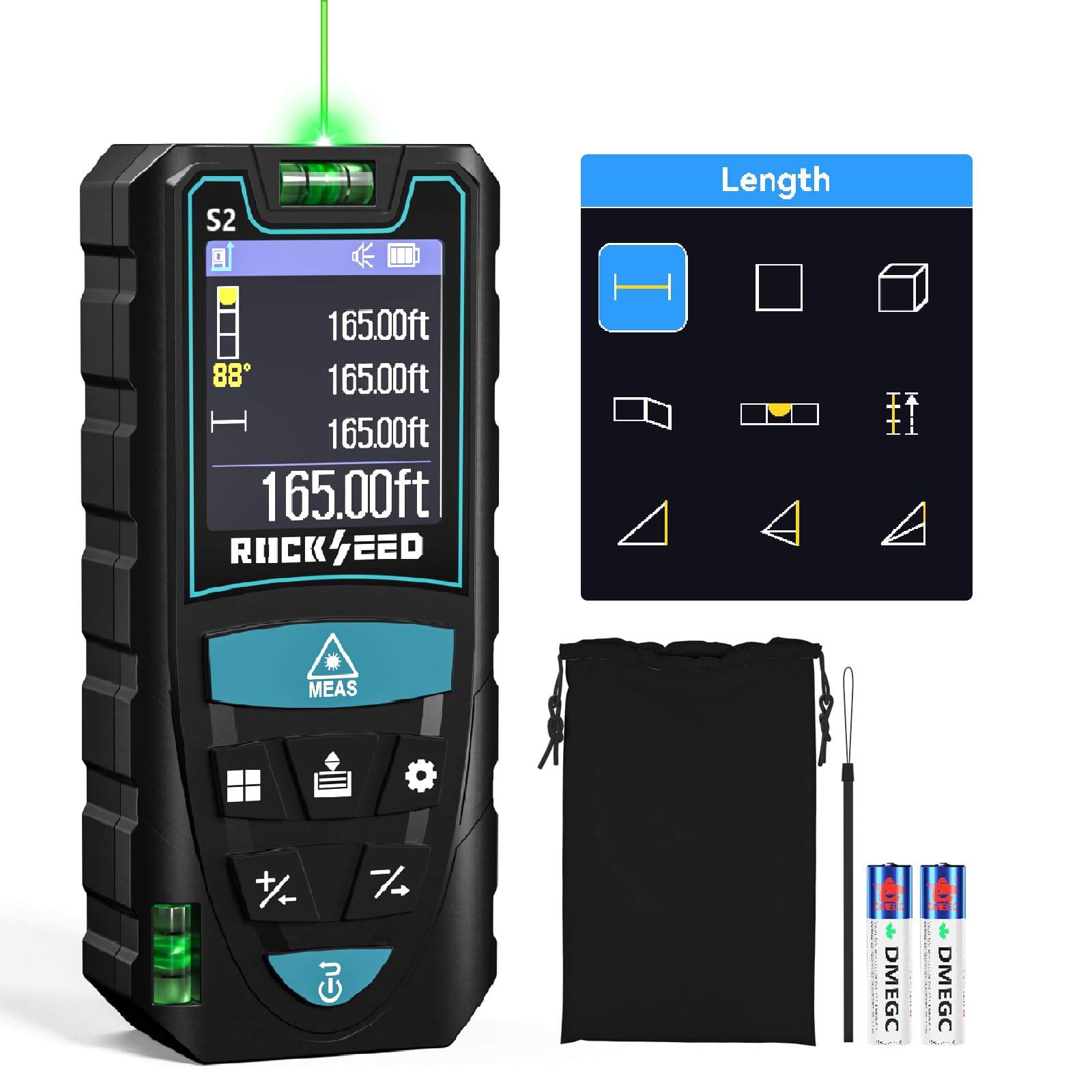 Medidor Láser 50M,RockSeed Pantalla HD IPS Medidor de Distancia Láser Digital con Sensor de Ángulo Eléctrico,Telémetro Láser Portátil con 5 Unidades,Medición de Distancia/Área/Volumen/Pitagórico,etc.