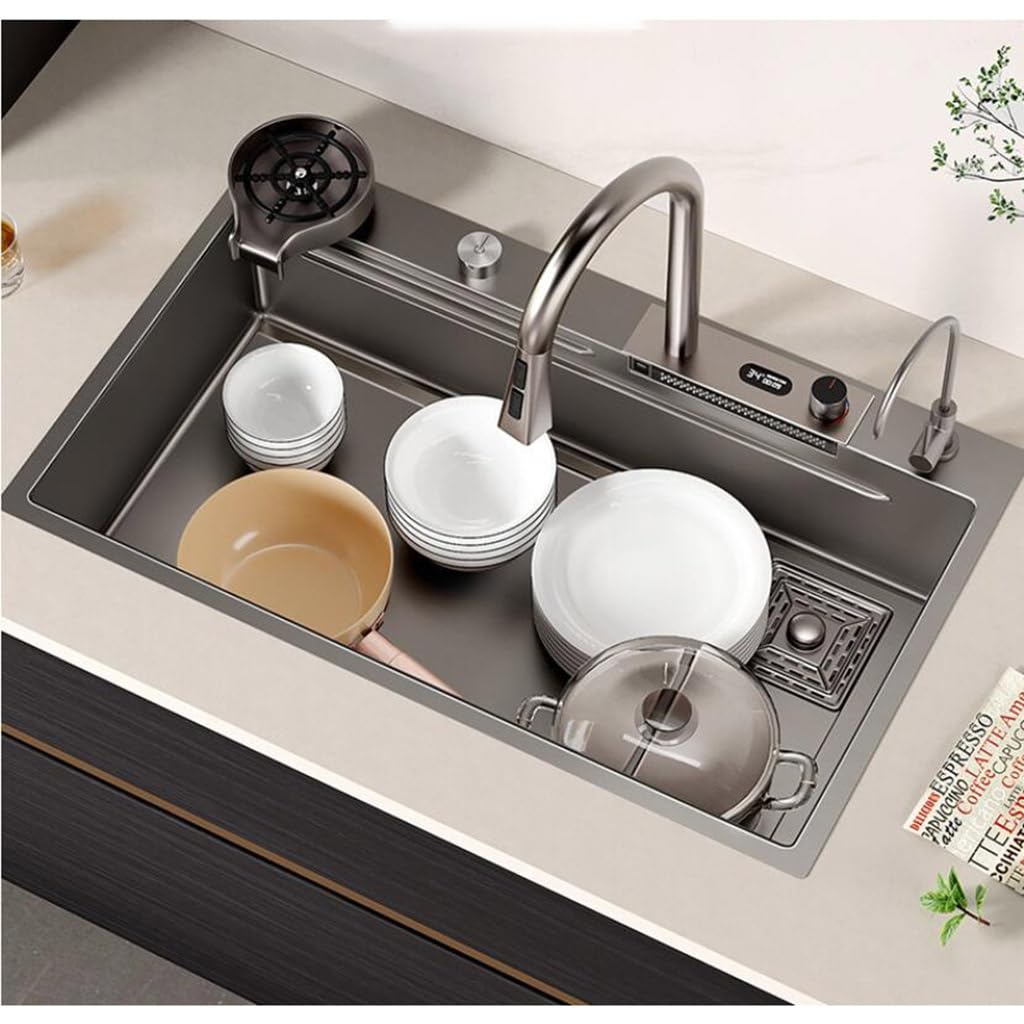 Lavello a cascata in acciaio inox a vasca singola con lavello da tavolo con rondella tazza rubinetto sifone per casa commerciale bellissimo lavello grigio bar, grigio-6,
