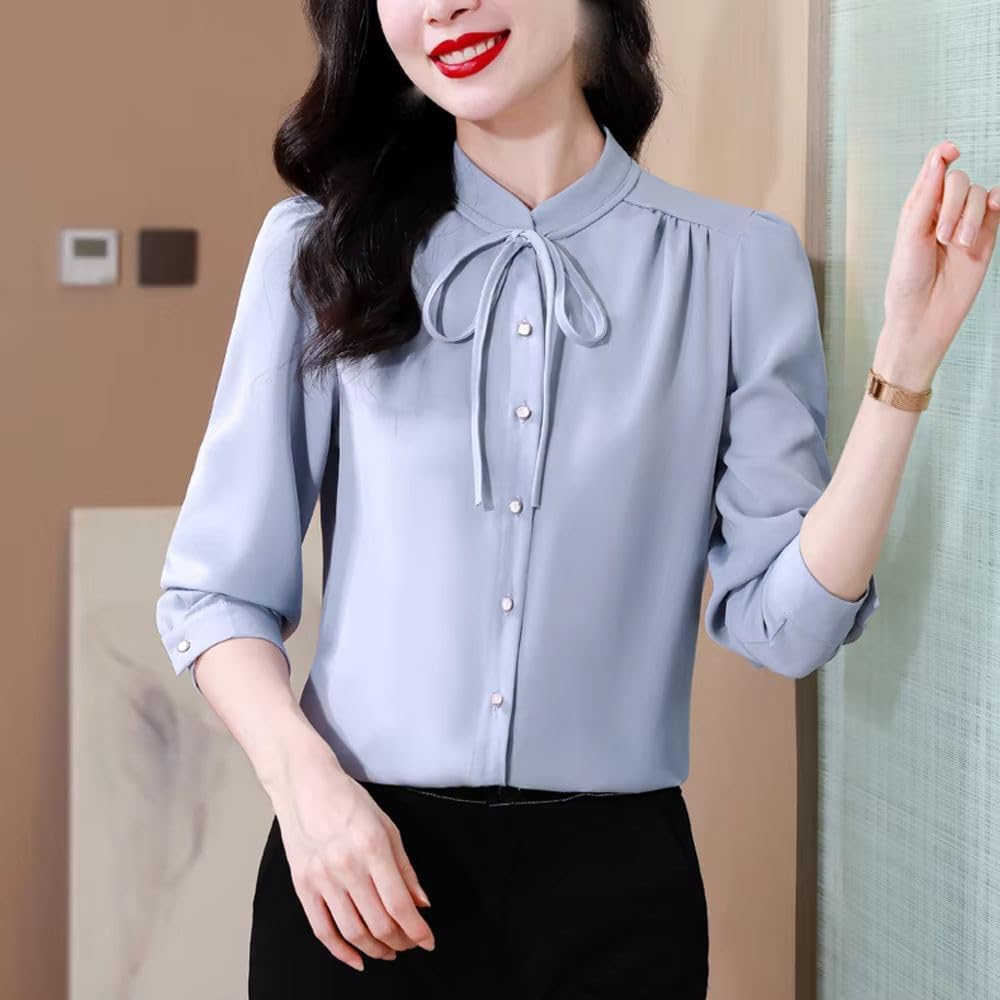 Women's Clothing Satin Shirt Blouse Office Lady Elegant Top Vintage Long Sleeve Shirt