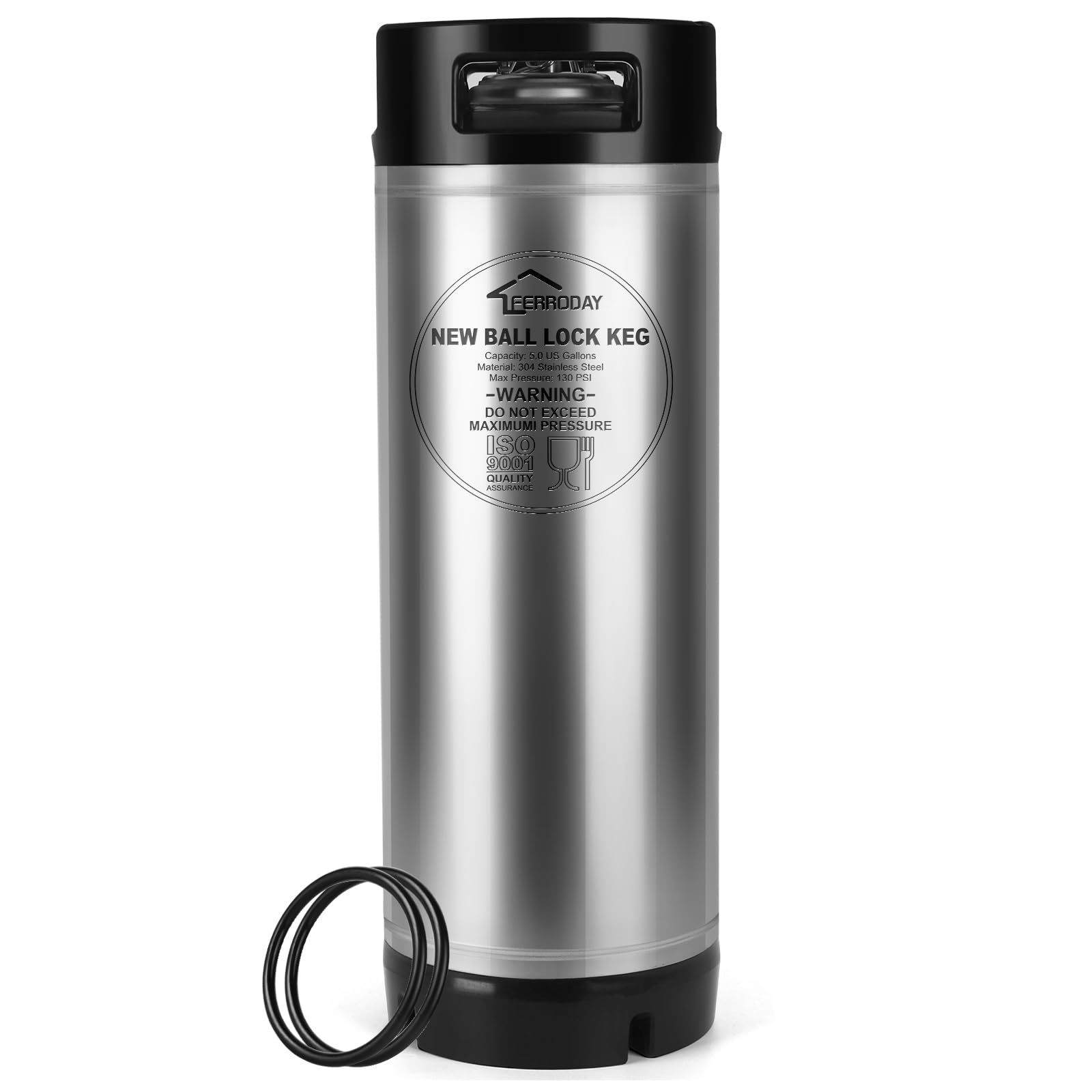 Ferroday Upgraded 5 Gallon Ball Lock Keg, Stainless Steel Corny Keg with Ball Lock Post, Portable Cornelius Beer Keg with Dual Rubber Handle, Gasket Set for Commercial Home Brewing