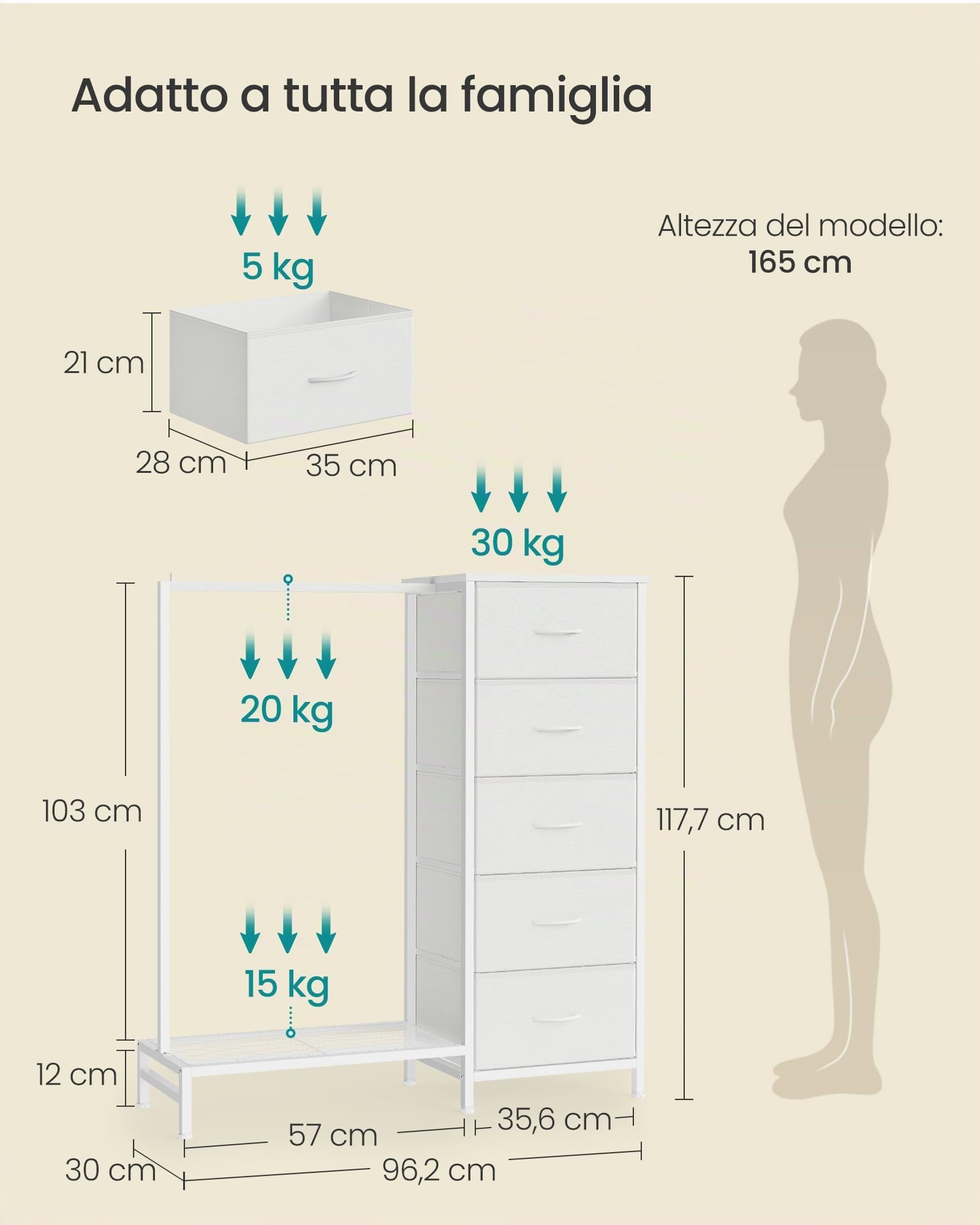 SONGMICS Stand Appendiabiti con Cassettiera, Armadio Aperto con 5 Cassetti in Tessuto e Barra, Ripiano Inferiore, 96,2 x 30 x 117,7 cm, Bianco Nuvola, Collezione BELLAH LGS423W101