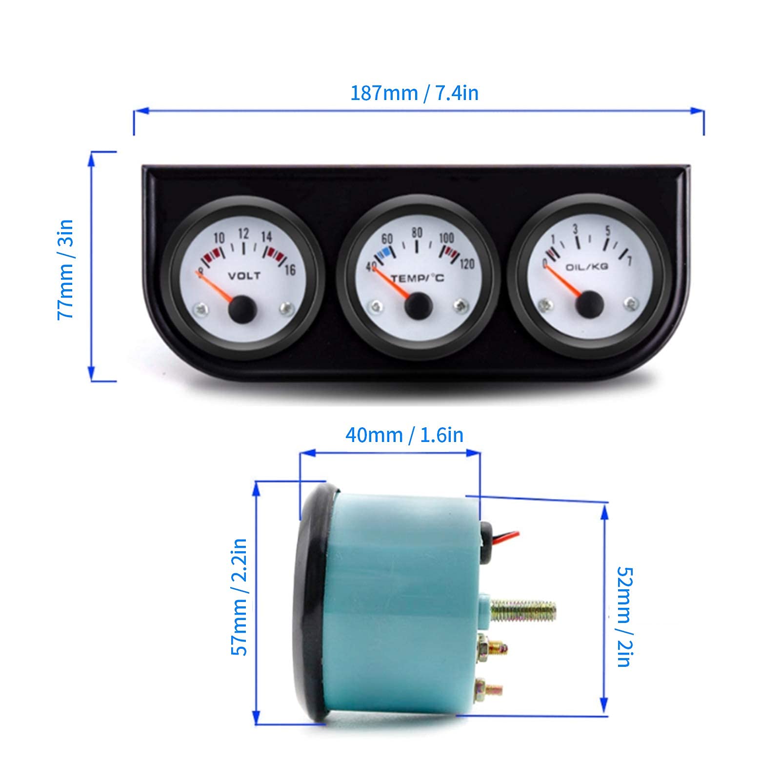 Kit de Jauge Triple, 3 en 1 pour Voiture, Triple Affichage électronique, Température de L'eau + Volt + Manomètre D'huile, Instrument 52 Mm