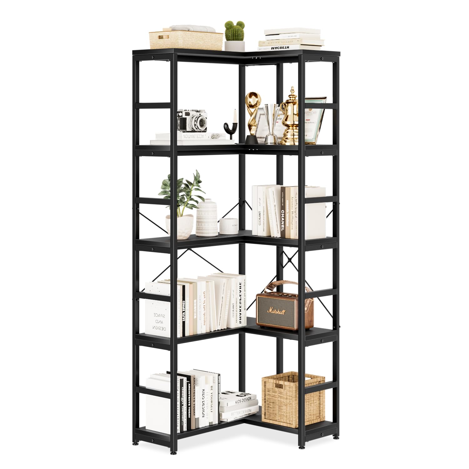 NUMENN 5 Tier Corner Bookshelf, Wood and Metal Bookcase Storage Shelf, Tall Corner Cabinet for Living Room, Bedroom, Home Office and Kitchen, Black
