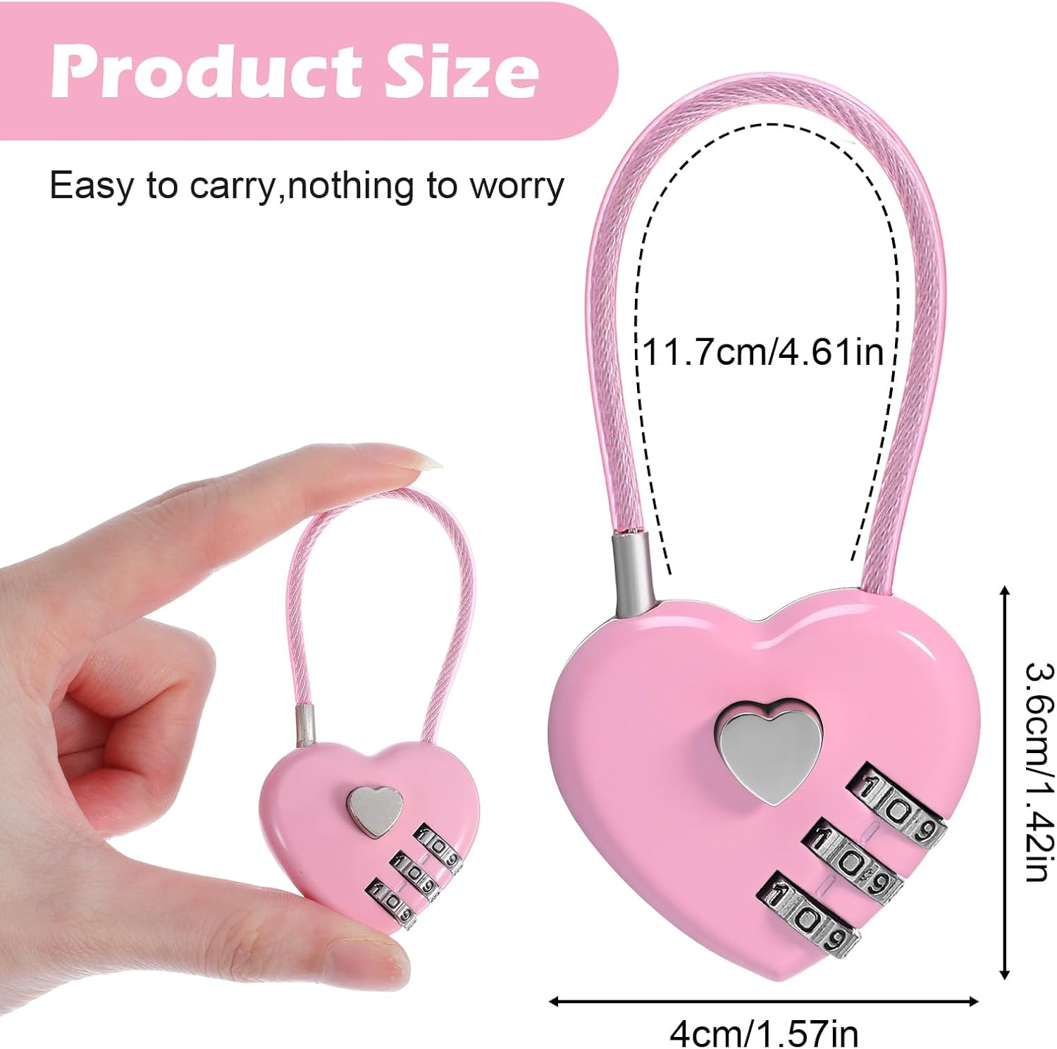 3Pcs Pink Combination Lock, 3 Digit Heart Shaped Padlock for School Gym Locker, Locker Locks for Luggage Fence Backpack Valentine Gift