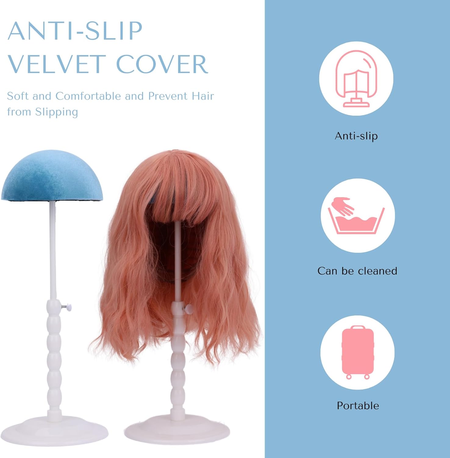 Wig Stand - Plastic Wig Stand 2 Packs Portable Foldable Wig Hat with Velvet Cover Holder Height Adjustable (12-18.8 Inches) Easy to Install Support Wig Display Stand (white) Candied Hawthorn Shape