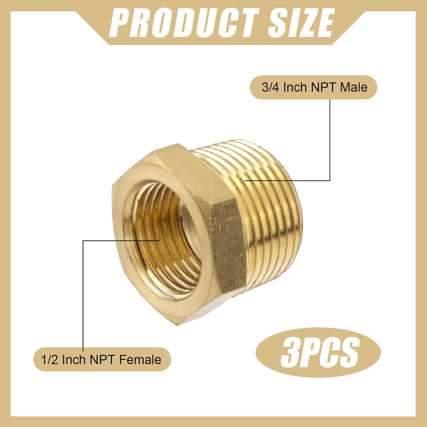 3pcs Brass Pipe Fittings, 3/4" NPT Male to 1/2" NPT Female Hex Head Bushing Adapter Brass Threaded Garden Hose Adapter, Connect Garden Hose to Pipe Fittings