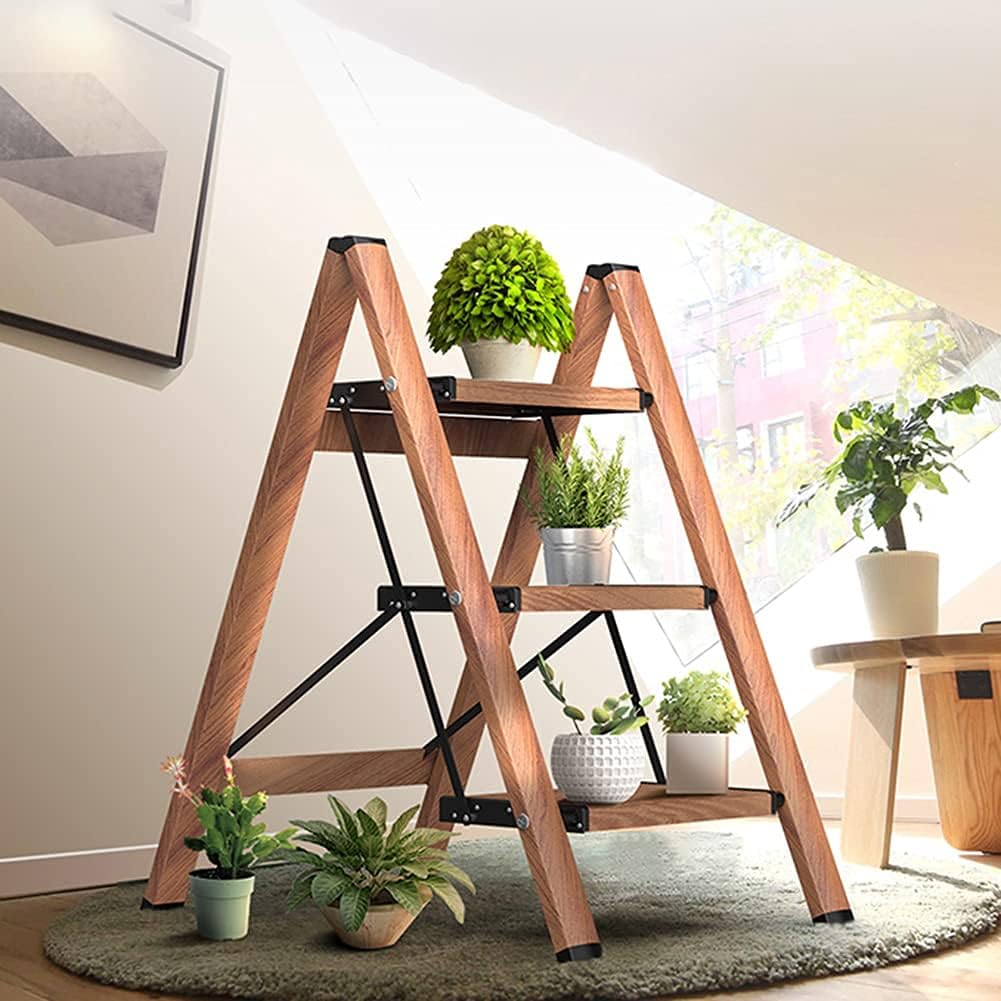 Lightweight Aluminum Woodgrain 3/4 Steps Ladder Folding Step Stool Stepladders Home and Kitchen Step Ladder Sturdy and Wide Pedal Ladders Space Saving Maximum Load 150kg