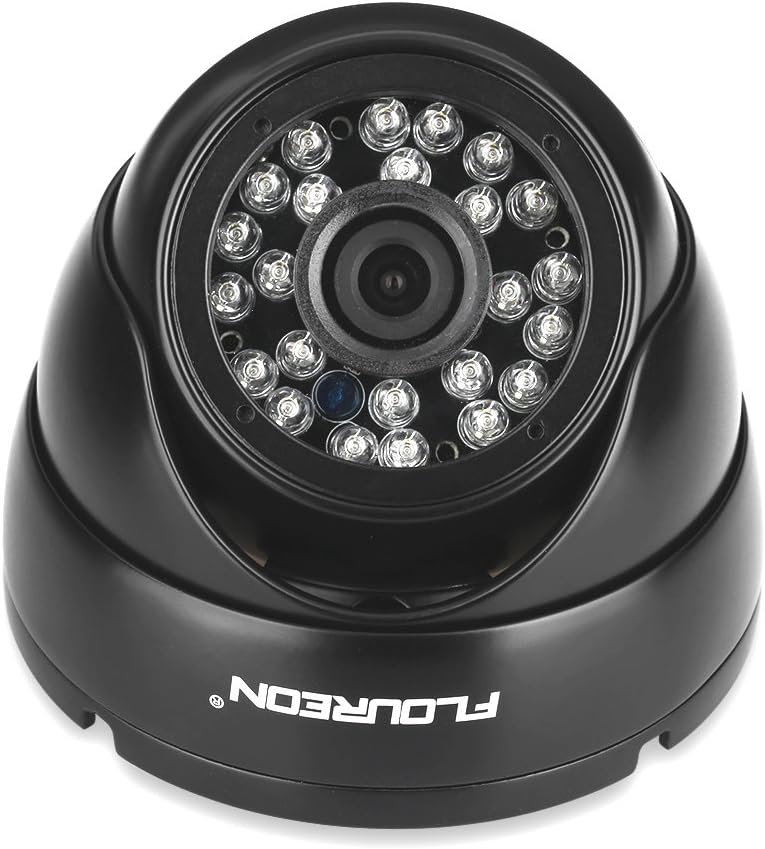 Close-up of a FLOUREON 1000TVL dome security camera with IR LEDs.