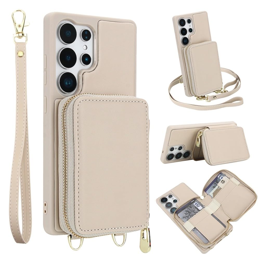 Generic Funda compatible con Samsung Galaxy A55 5G (color: albaricoque), correa cruzada, cierre de cremallera, funda de piel con tapa trasera