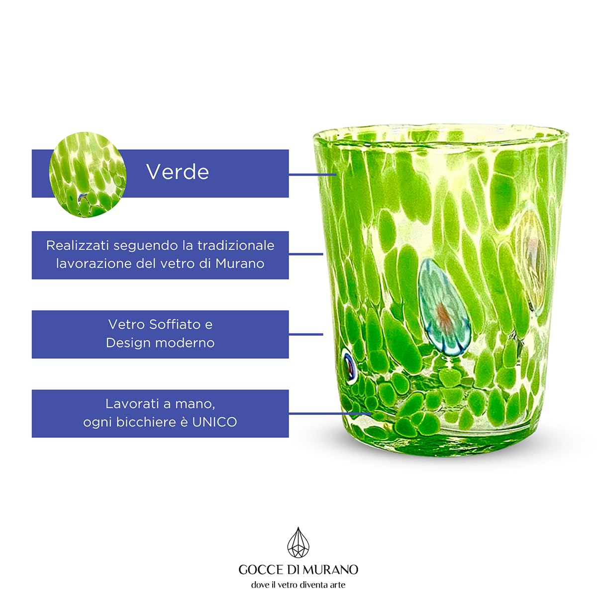 Gocce di Murano Un vaso de lluvia arco iris de cristal de Murano soplado 300 ml hecho a mano colorido paquete 2 copas de agua elegante y precioso (verde, 2)