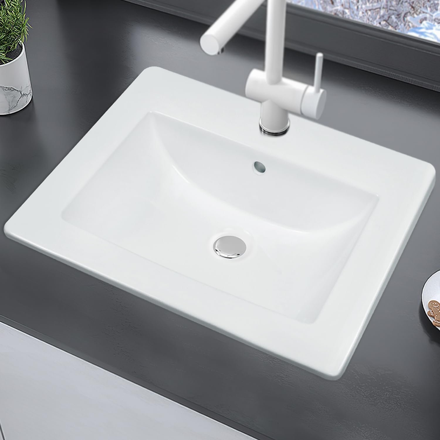Photo 1 of Enbol Drop In Bathroom Sink Rectangle Semi-recessed White Ceramic Top Mount Bathroom Sink with Single Hole O2118