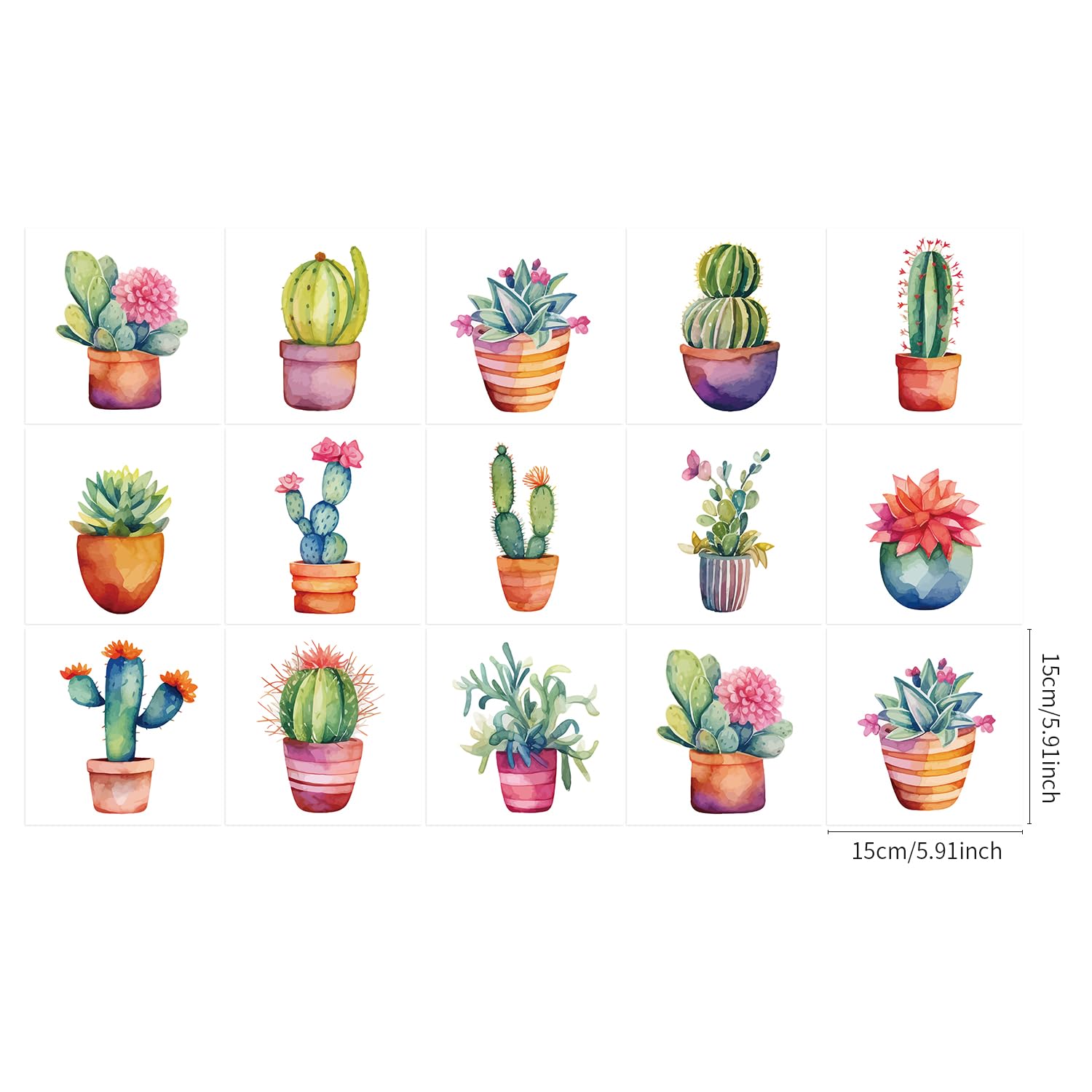Ulticool Sticker Waterproof Sticker Tiles, Cactus Plant in Pot, 15 x 15 cm, Pack of 15 Tile Stickers Made of Film - Image 2