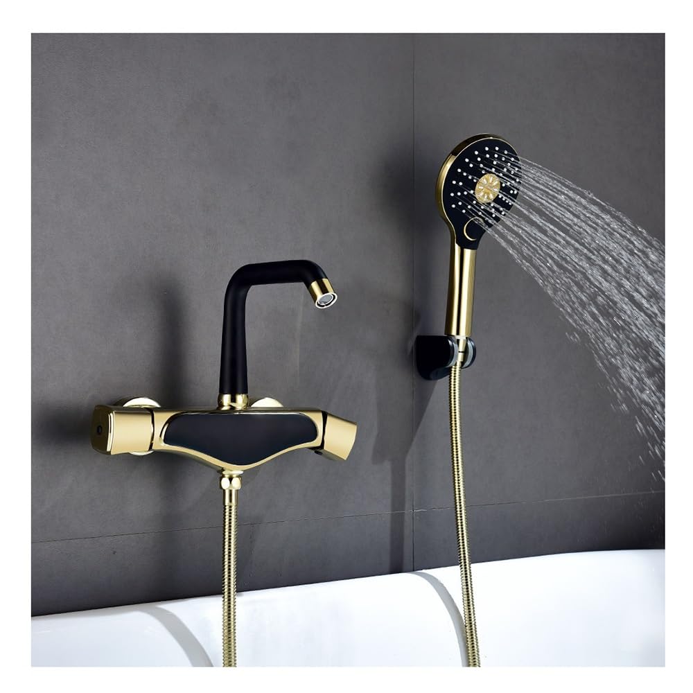Blyqxs Gold With Black Bathtub Faucets Wall-Mounted Bathtub Faucet Shower Set Le-7731
