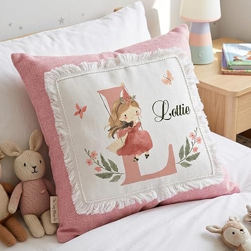 Image of Personalised Linen Pink Fairy Design Cushion, Durable Patchwork style Nursery Bedding Pillow for girl Bedroom Toddler baptism Keepsake Memory item