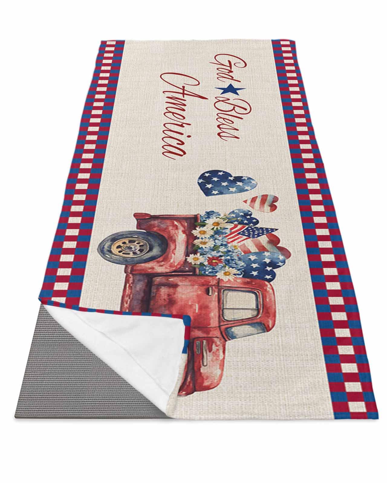 BOSIJOY Yoga Mat Towel,Farm Red Truck Flower Heart Non Slip Sweat Absorbent Hot Yoga Towels with Corner Pockets,Bless Text Flag Plaid on Flax Soft Microfiber Towel for Pilates Bikram 70