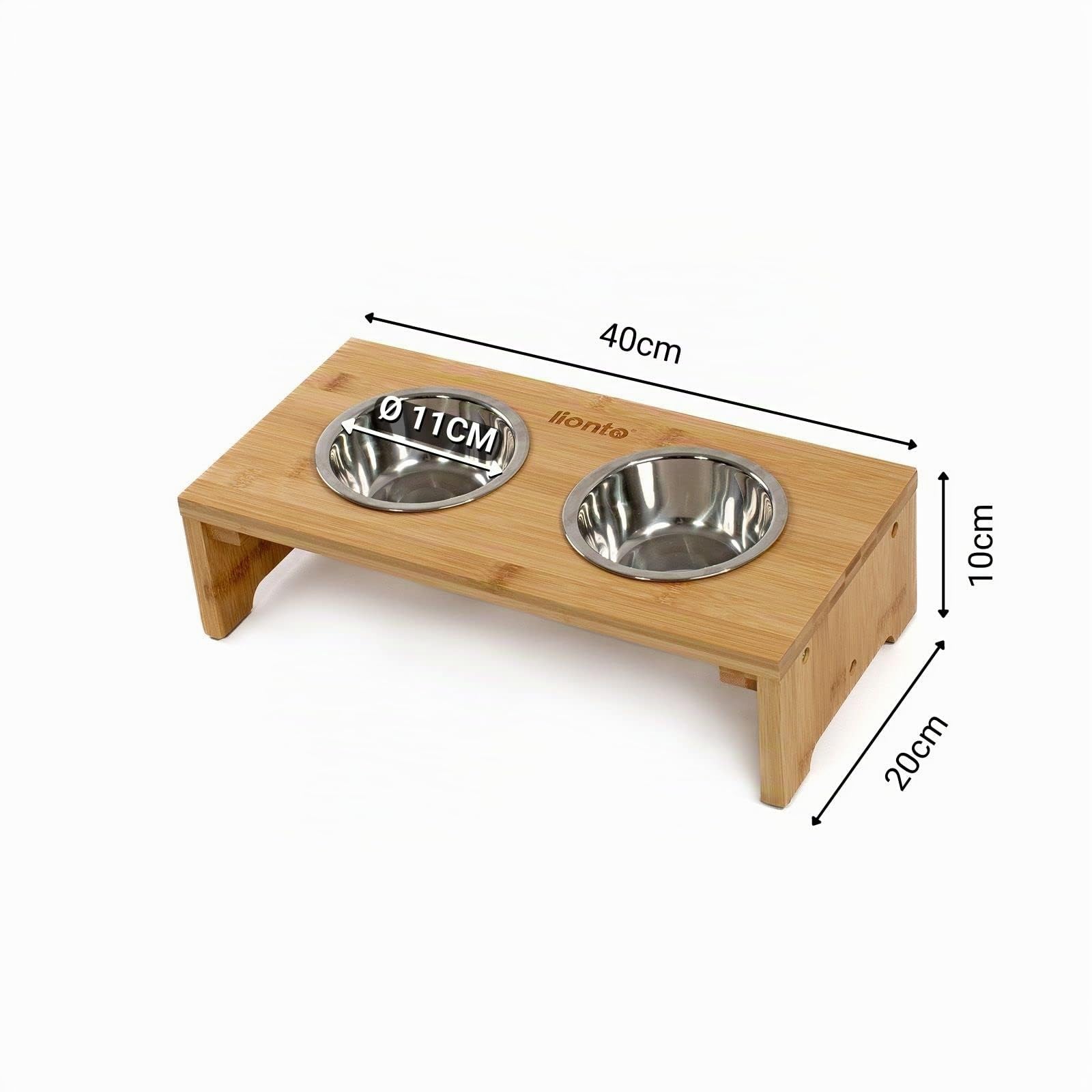 lionto Gamelle surélevée pour Chien en Bambou Robuste et Facile à Entretenir, 40x20x10 cm, Double écuelle pour Chiens et Chats, 2 Bols INOX Ø 11 cm, 350 ML chacun, antidérapante