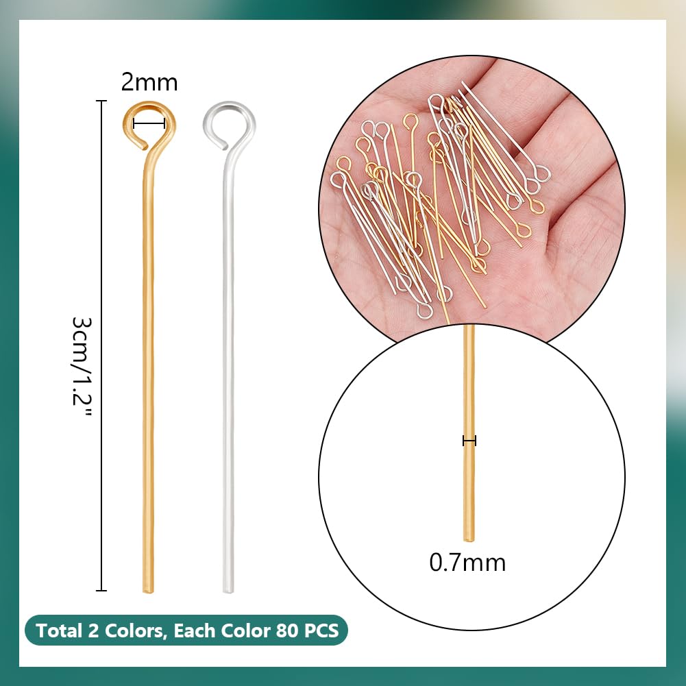 PH PandaHall 160 Pines De Ojo De Acero Inoxidable 304 – 25 Mm, Calibre 21 (0,7 Mm), En Oro Y Plata, Para Bisutería Y Manualidades