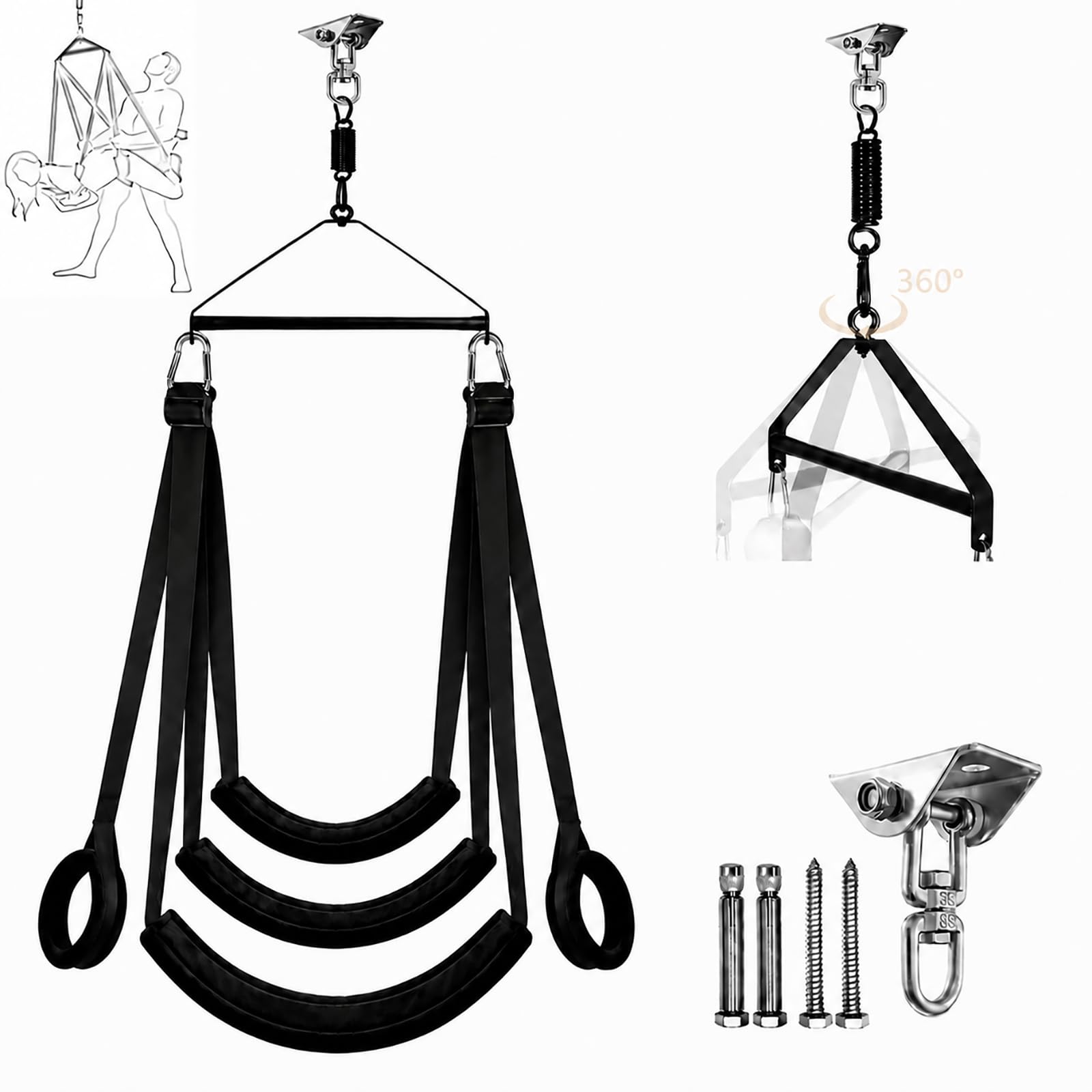 Balançoire BDSM pour couples avec rotation 360°, sangles réglables, coussin épais et confortable, kit bondage avec harnais et menottes, mobilier intime pour chambre, support robuste jusqu’à 800 lb