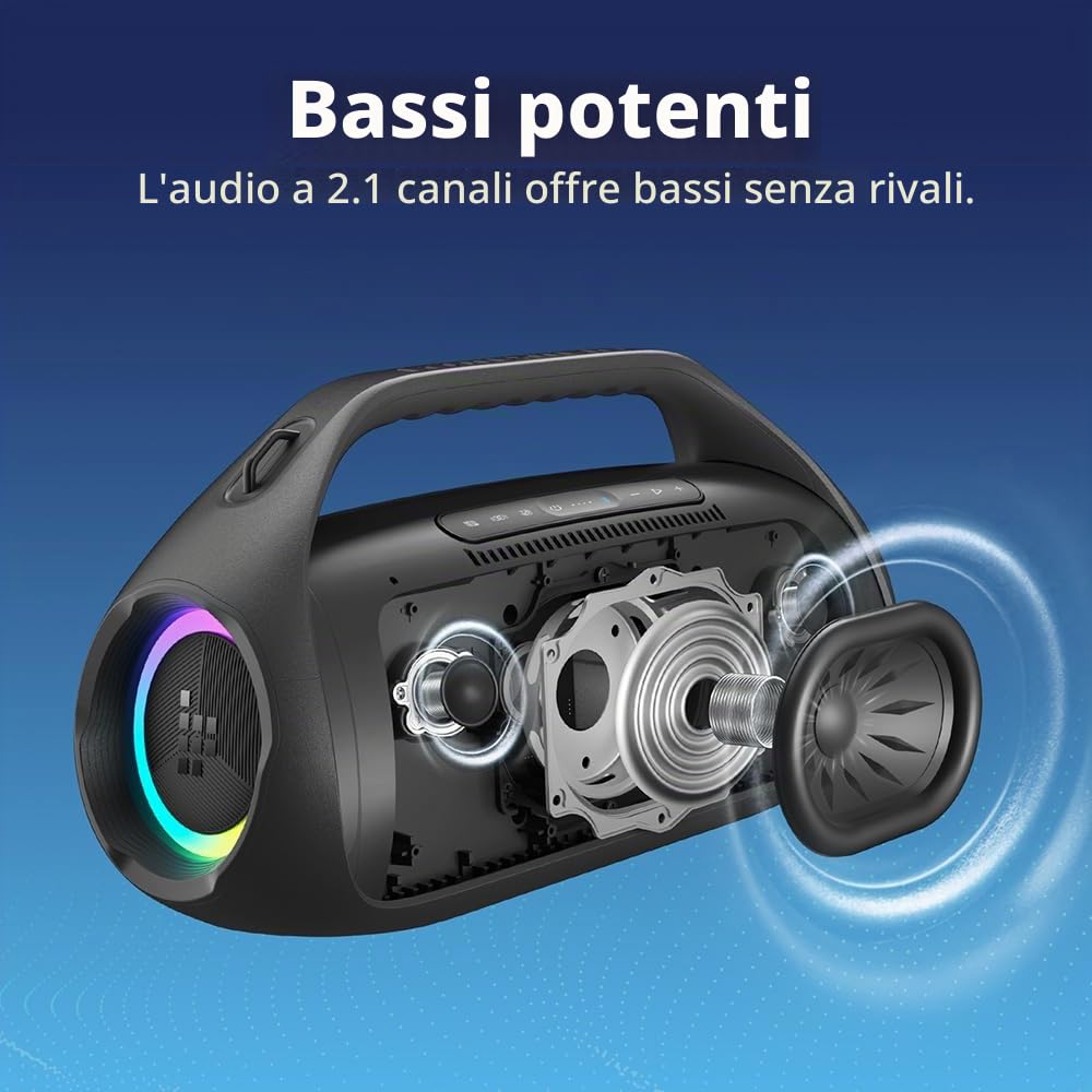 Tronsmart Bang 2 Altoparlante Bluetooth potente 90W, batteria 26H, grande altoparlante autoamplificato HiFi portatile, IPX6, EQ, altoparlante con corno e luci RGB, per campeggio, spiaggia o campagna