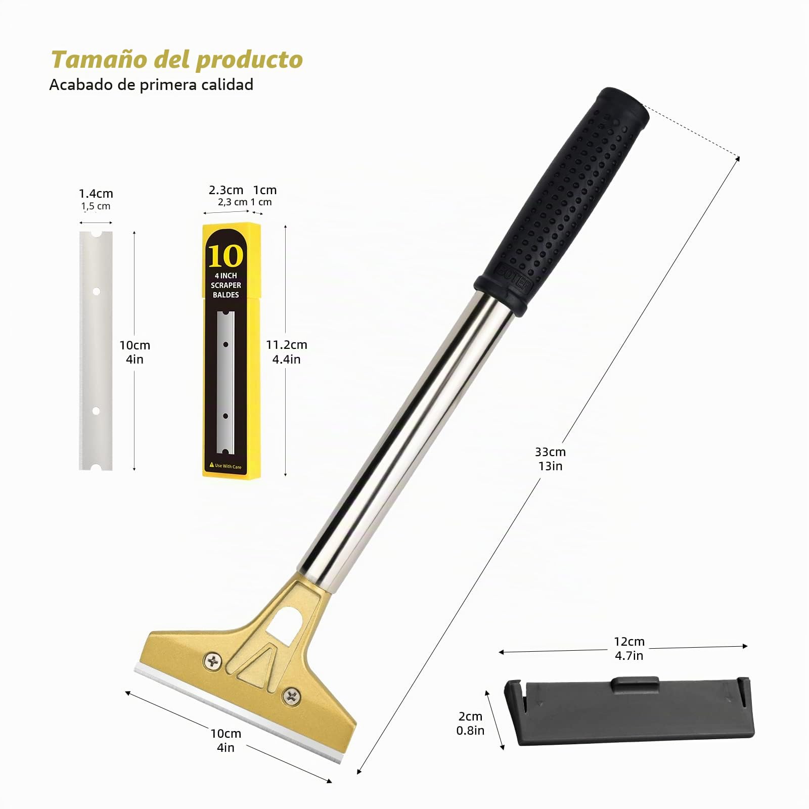 EHDIS Industry Rasquetas con 10 Cuchillas de Acero Al Carbono 100 mm, Raspador de Vidrio con Agarre Suave, para Ventana de Vidrio, Parabrisas, Granito, Limpieza de Paredes