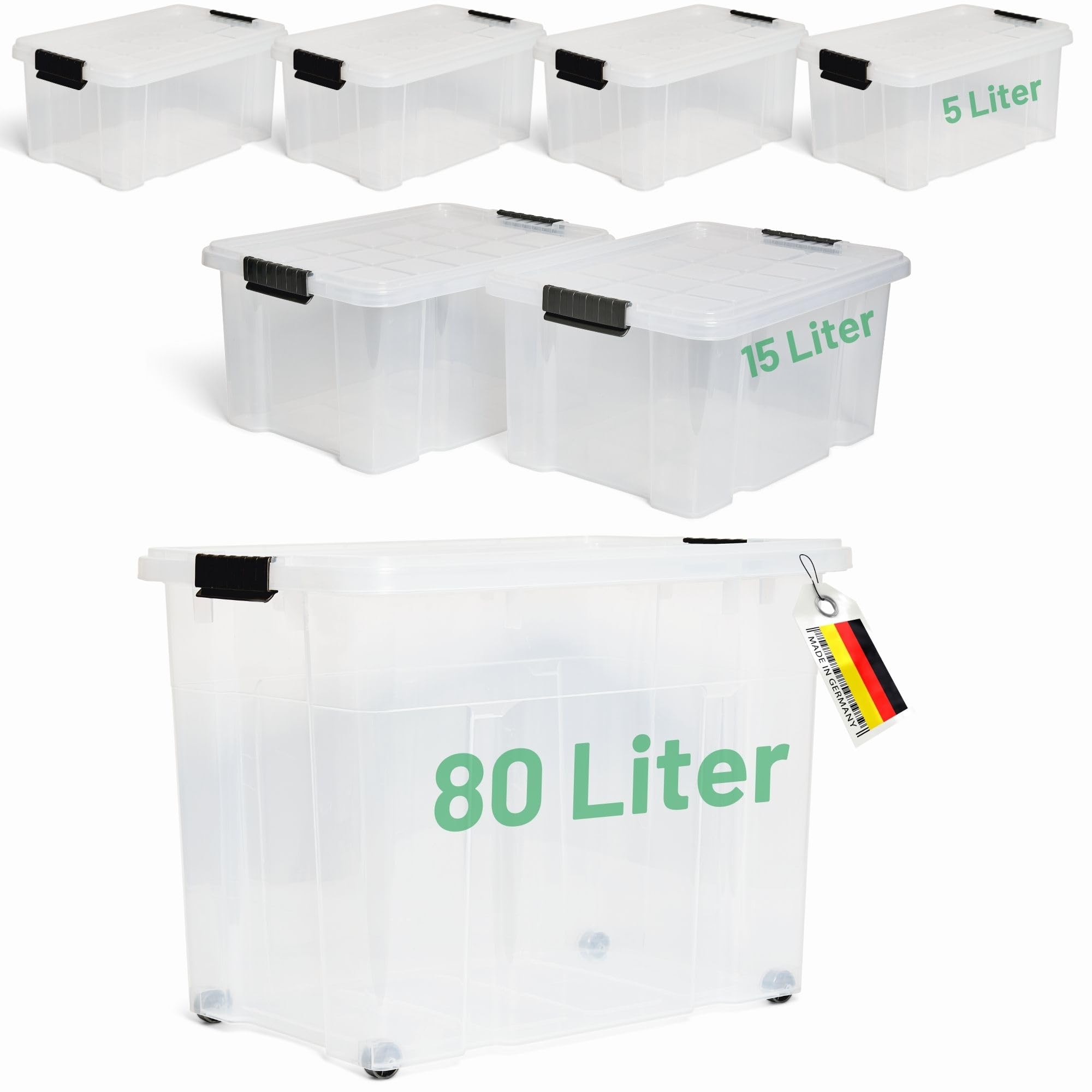 Novaliv - Set di 7 scatole portaoggetti con coperchio, trasparenti, 1 x 80 l, 2 x 15 l, 4 x 5 l, impilabili, con chiusura a clip, senza BPA