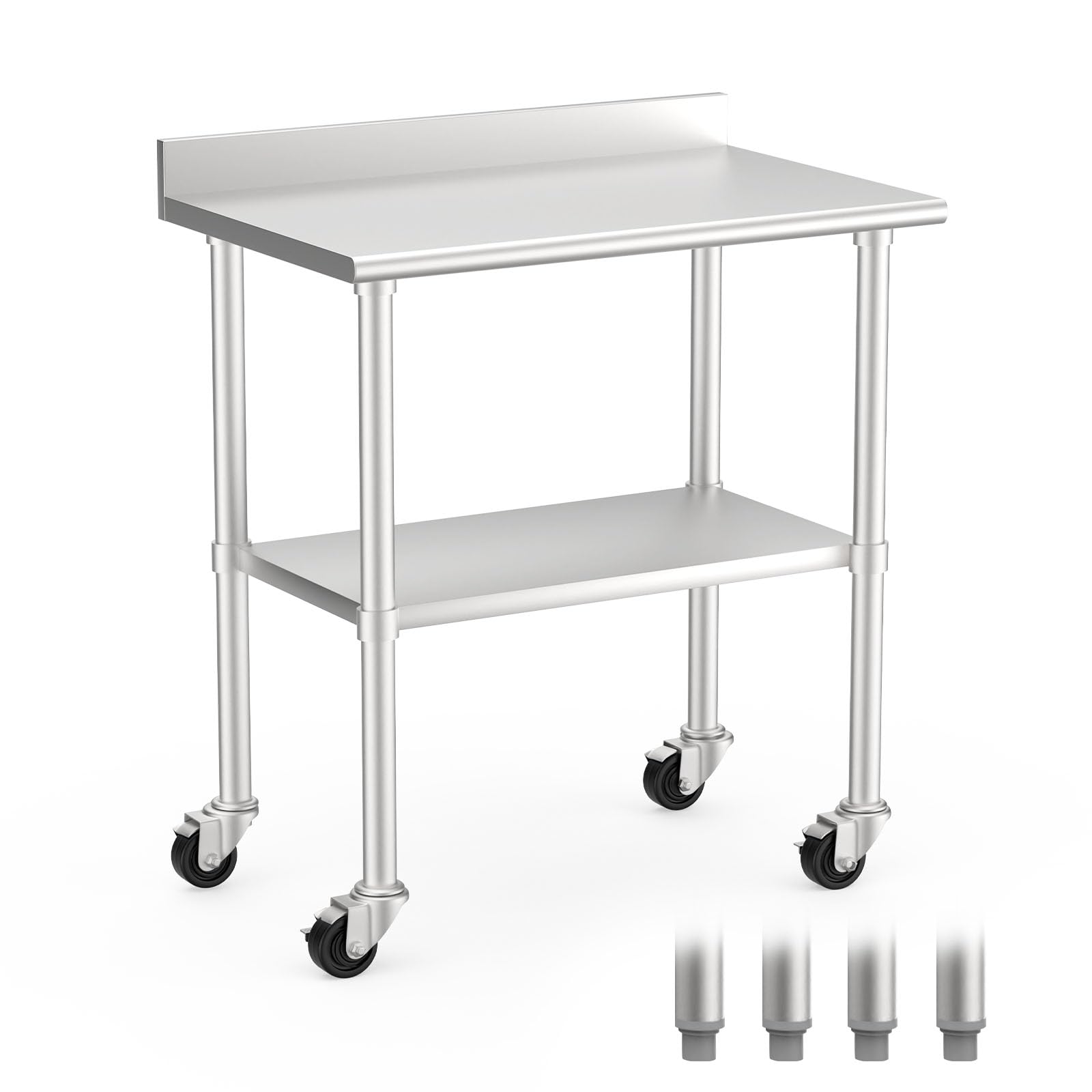 Stainless Steel Prep Table with Wheels & Feet Adjustable Undershelf NSF Stainless Table 36x24 Inches, Suitable for Commercial Kitchen, Garage, Workshop and Hotel