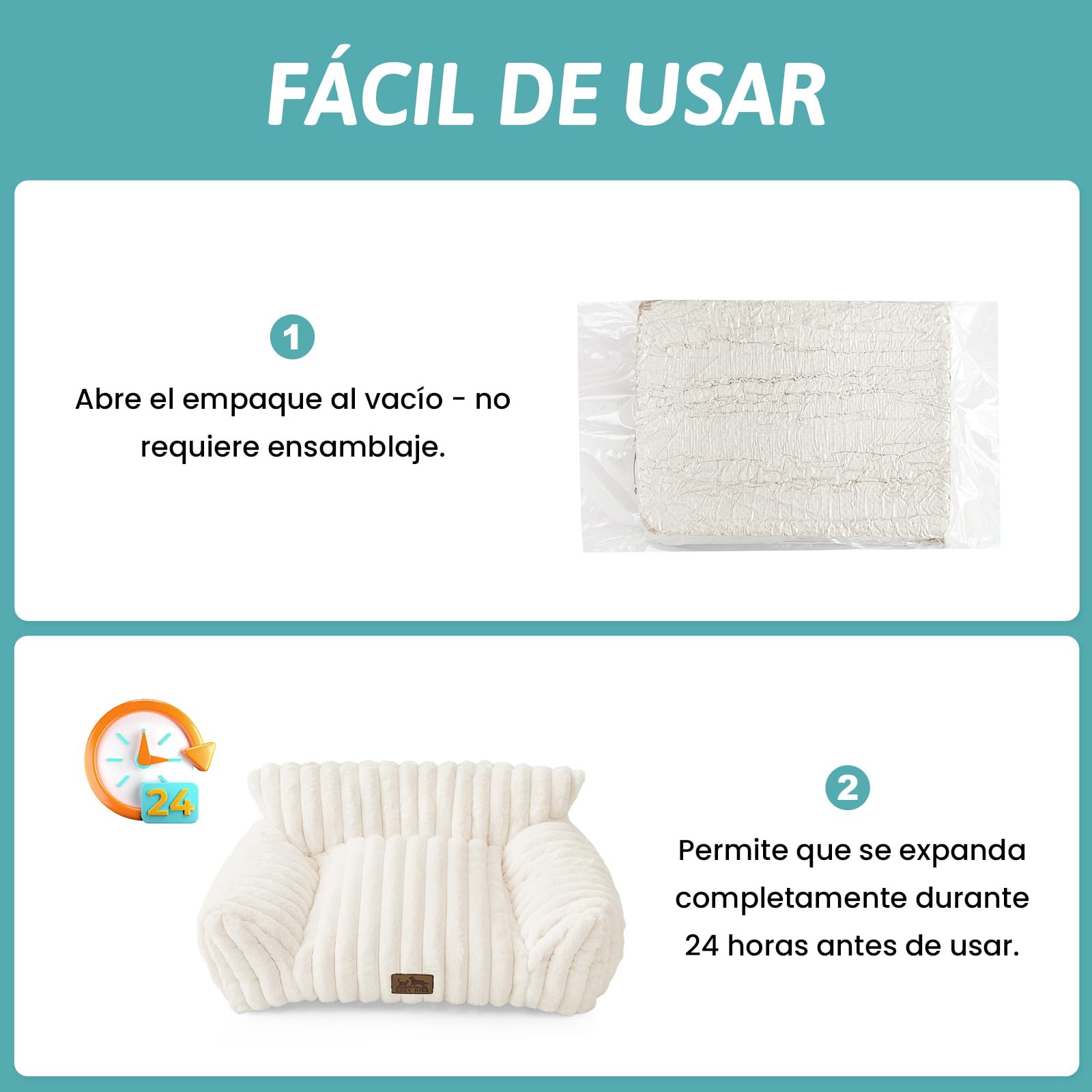 COZY KISS Cama Gato 65x44cm, Sofa Perro y Gato pequeño, Crema | Cama ortopédica para gato, soporte cabeza cuello, lavable, antideslizante, piel suave, 30cm H, Crema