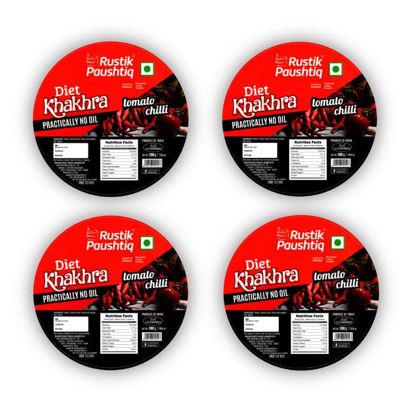 RUSTIK PAUSHTIQ Tomato Chilli Khakhra Pack of 4 | Crispy Whole Wheat Indian Snacks | Healthy Low Carb Diet | No Palm Oil | Ready to Eat Namkeen With Natural Ingredients | Tea Time Snack | 200g x 4 (800g)