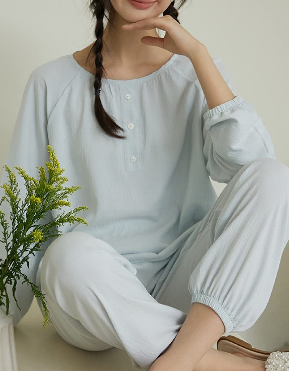 Ensembles De Pyjama Femme,Col Rond Bleu Clair Poignets Élastiques Boutonnés Ensemble De Pyjama en Polyester pour Femmes Ensemble De Deux Pièces De Pyjama À Manches Longues pour Femme