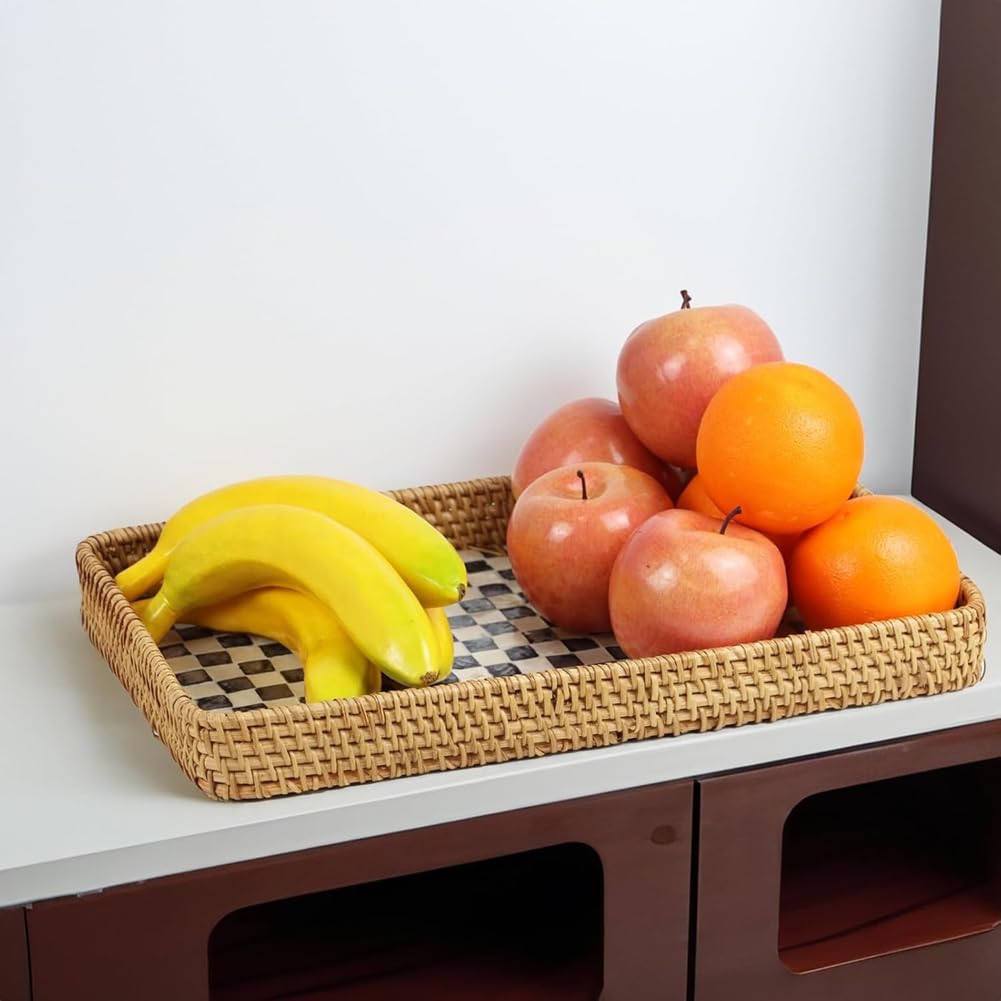 Plateau Décoratif Antidérapant en Rotin Damier Noir et Nacre